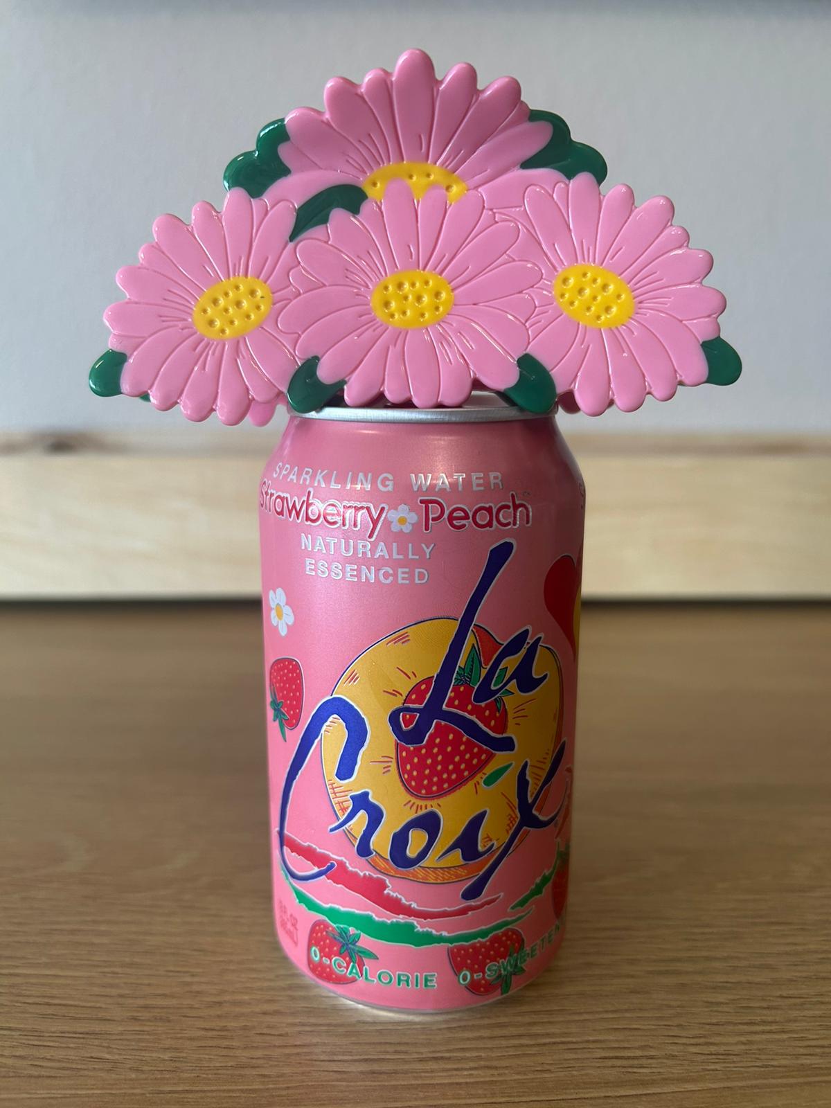 Maxi Pink Daisy - Size Comparison Front View - Sitting on top of Dark Pink La Croix Soda Can - No Flowers Straight
